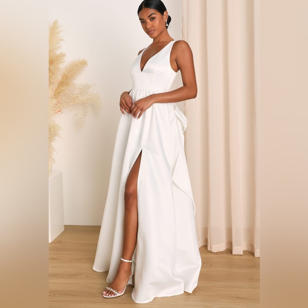 LULUS Blissfully Beloved Ivory Backless A-Line Bow Maxi Dress Size Large - Picture 2 of 6